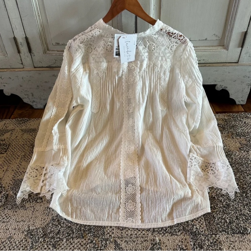 New White Lace Inset 3/4 Sleeve Button Front Blouse Top Women's Top Boho - Picture 7 of 11
